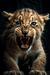 Fototapeta na wymiar Young ferocious lion cub roaring on black background. Generative AI. 