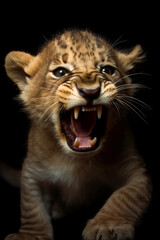 Young ferocious lion cub roaring on black background. Generative AI. 

