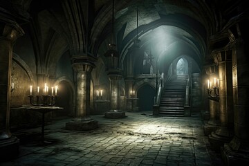 Fototapeta premium Underground dungeon was a place of darkness and despair, reserved for those who had crossed the castle's lord and paid the ultimate price. Generative AI