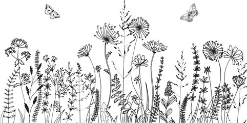 Group of Wildflowers, herbs, flowers, plants and butterflies flyng around. Outline Style Full Vector illustration. - obrazy, fototapety, plakaty