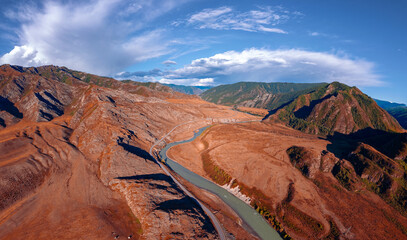 Aerial top view autumn Landscape beautiful forest and river mountains Altai