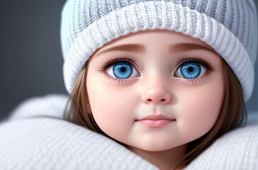 Charming baby with big blue eyes in knitted hat. Generative AI.