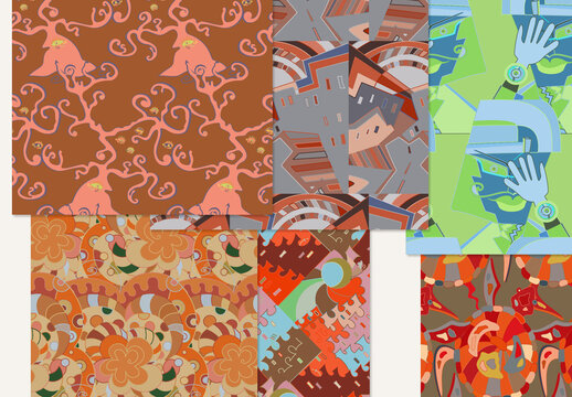 Set of Abstract Seamless Patterns with Cubism Art Elements and Graffiti Wall Style