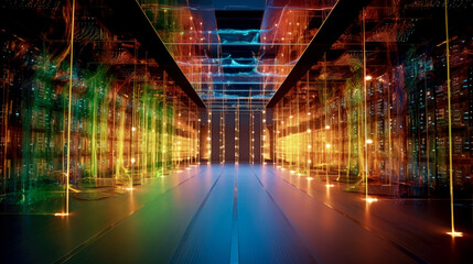 A data center with a long corridor and shiny lights, data storage, server room. Generative Ai. 