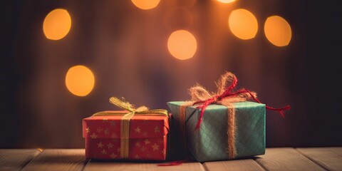 Christmas presents wrapped in red paper with gold ribbon on wooden table background and bokeh. Place for typography and logo. Copy space. Generative Ai.