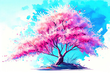 Watercolor blossom sakura, pink cherry tree with the sky, painting background. Generative AI.