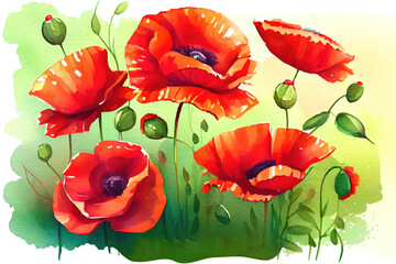 Beautiful watercolor sunny red poppies closeup, painting background. Generative AI.