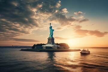 The Statue of Liberty free of tourists and New York City Downtown. Generative Ai. - obrazy, fototapety, plakaty