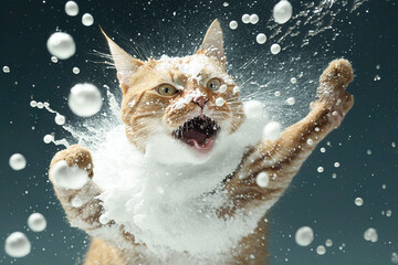 Obraz na płótnie Canvas Cat smacked by snowball. Cute kitten with surprised and angry face, hit by snow during snow fight. Generated AI.