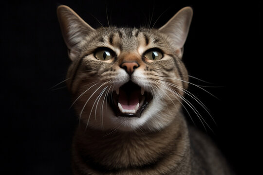 Portrait of a screaming cat. Surprised cat with open mouth meowing and asking for something. Generated AI.