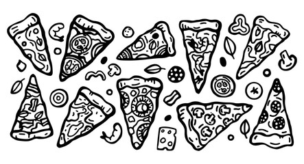 A set of different types of pizza slices. Banner hand drawing, sketch