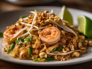 Pad Thai with shrimp, peanuts and scallions on a white plate