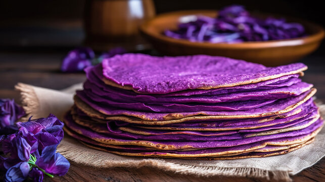 Ube tortillas, purple sweet potato ube halaya tortilla - pile of ube tortillas, generative ai