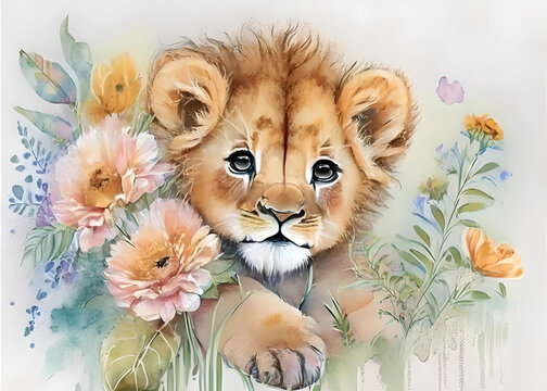 Niedliches L&ouml;wenbaby zwischen vielen Blumen, Generative AI