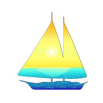 recommend clip art: Silhouette of a yacht or a two-masted ship with a bright seascape of the sea, sky, sunset, sun and waves on a square isolated white background. Stickers and individual items. Vector illustration.