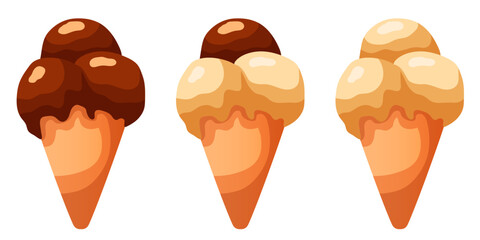 Gelato. Ice cream cone with three scoops. Vector clipart.