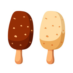 Ice cream stick. Chocolate popsicle on a stick. Ice cream covered with milk and white chocolate. Vector clipart.