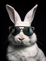 White rabbit wearing sunglasses, black background. Generative AI.