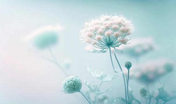 Dreamy plant flowers, ethereal, dreamy colors, with glowing light spots, plant concept design background