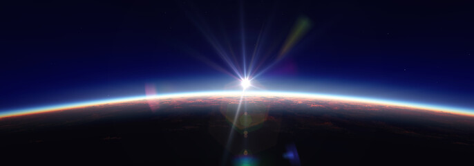 Earth sunrise from space over cloudy ocean. 3d rendering