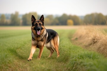 Full-length portrait photography of an aggressive german shepherd having a paw print against open fields and meadows background. With generative AI technology