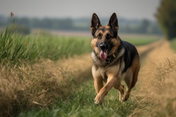 Full-length portrait photography of an aggressive german shepherd having a paw print against open fields and meadows background. With generative AI technology