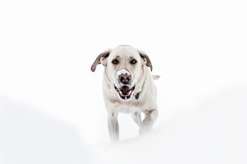 Obraz premium Lifestyle portrait photography of a curious labrador retriever playing in the snow against a white background. With generative AI technology