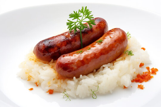 Longganisa, sweet or spicy sausage from Philippines served with garlic rice and egg, Generative AI Filipino dish.