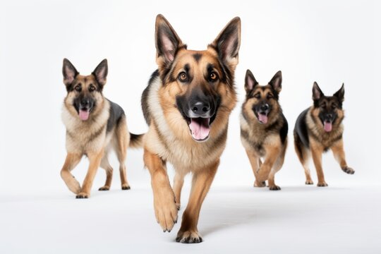 Group portrait photography of a bored german shepherd running against a white background. With generative AI technology