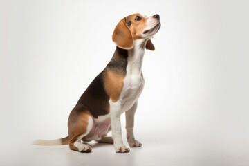Medium shot portrait photography of a curious beagle scratching the body against a white background. With generative AI technology