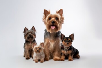 Medium shot portrait photography of a happy yorkshire terrier posing with a family against a white background. With generative AI technology
