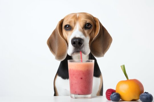 Lifestyle portrait photography of a curious beagle having a smoothie against a white background. With generative AI technology