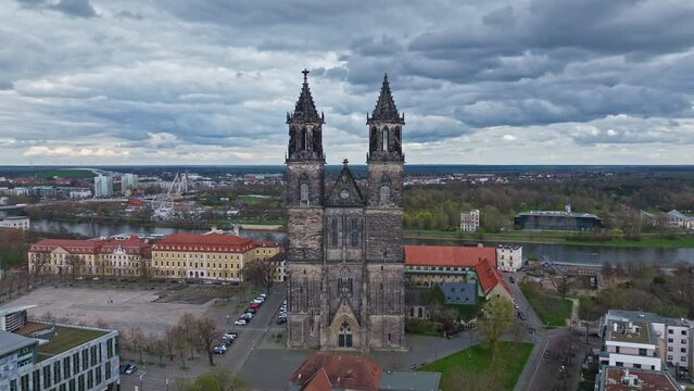 Aerial view of Magdeburg Cathedral (Dom zu Magdeburg) , Magdeburg, Saxony-Anhalt, Germany,
