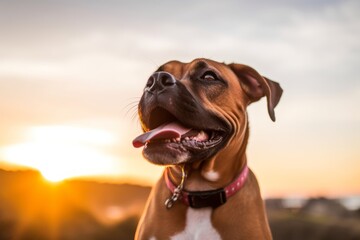 Obraz na płótnie Canvas Lifestyle portrait photography of a happy boxer watching a sunset with the owner against a white background. With generative AI technology