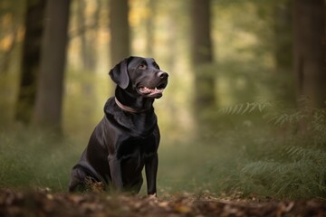 Full-length portrait photography of a happy labrador retriever sitting against a forest background. With generative AI technology