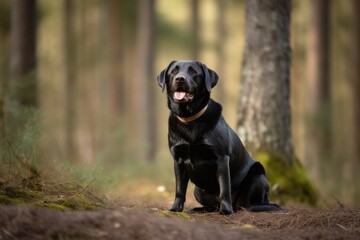 Full-length portrait photography of a happy labrador retriever sitting against a forest background. With generative AI technology