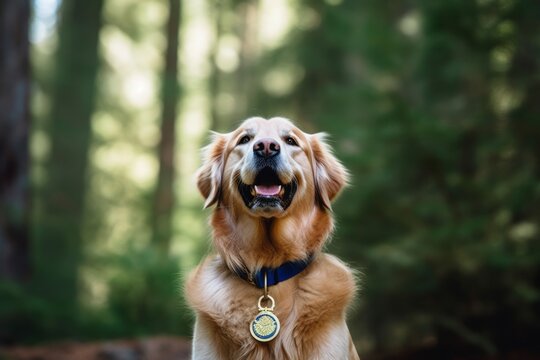 Medium shot portrait photography of a happy golden retriever wearing a medal against a forest background. With generative AI technology