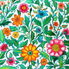 Watercolor seamless floral pattern with bright colorful flowers and leaves, Generative AI