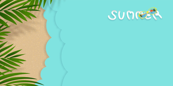 Summer Background Flat lay of green coconut palm leaves over Sand,Ocean Blue Waves background,Top view Tropical Sea Bach Paper cut with copy space.Banner Summer Holiday Vocation background concept