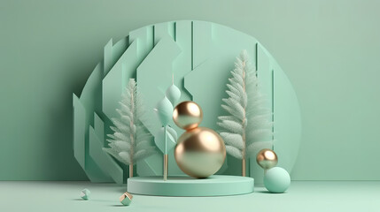 3D podiums, Christmas display. Pastel green background. Generative ai