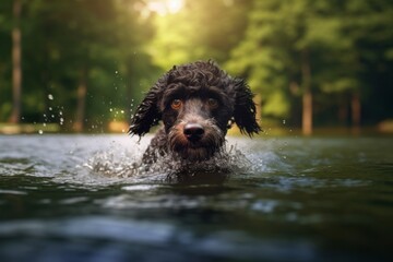 Lifestyle portrait photography of an aggressive poodle swimming in a lake against a forest background. With generative AI technology