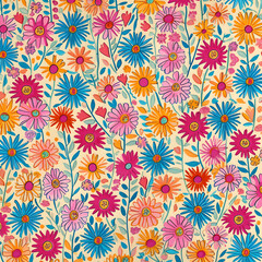 Fototapeta na wymiar Watercolor seamless floral pattern with bright colorful flowers and leaves, Generative AI
