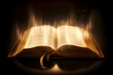 Fototapeta premium Shining Holy Bible - Ancient Book banner, illuminated message