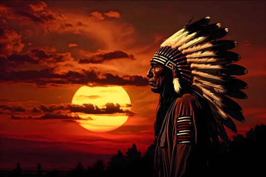 native american indian chief at sunset art