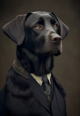 The funny portrait of a cute black dog dressed in a business suit and tie, looking quite stylish and successful. The pet looks like a male human, generative ai