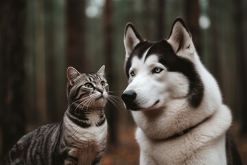 Obraz premium Medium shot portrait photography of an aggressive siberian husky being with a pet cat against a forest background. With generative AI technology