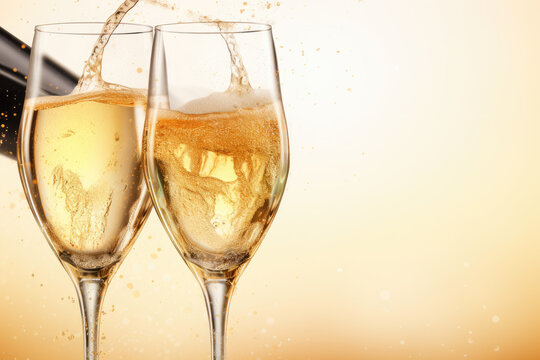 Champagne glasses on celebratory background. Generative AI