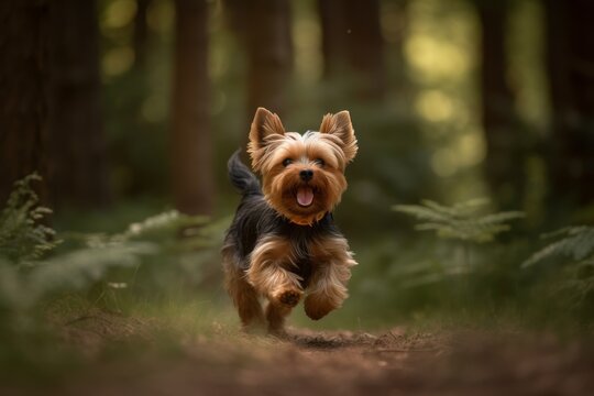 Environmental portrait photography of a happy yorkshire terrier running against a forest background. With generative AI technology