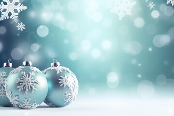 Fototapeta na wymiar Christmas scene with snow christmas balls with bokeh lights in background. Generative AI