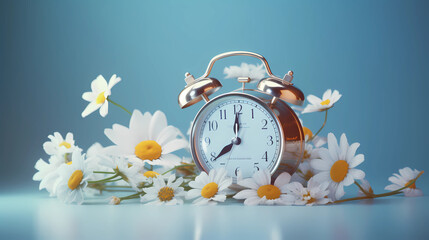 White Alarm Clock and Spring Daisy Flowers on Blue Background, Generative AI